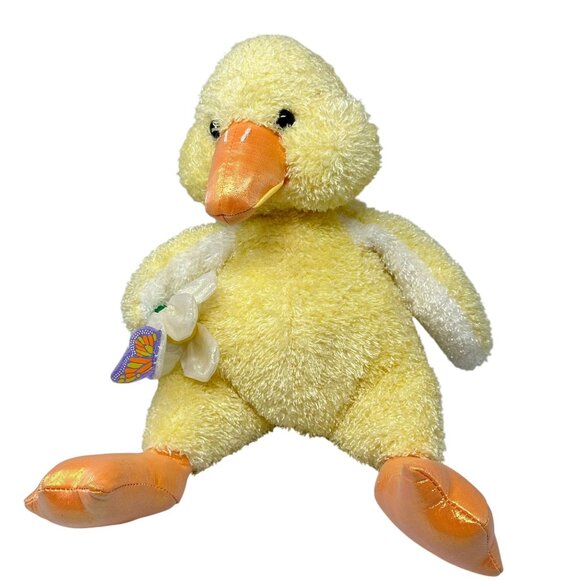 Commonwealth Toy Yellow Duck Plush 2002 Iridescent Beak Feet Flower Butterfly - Picture 1 of 9